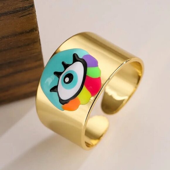 Boho Evil Eye Enamel and Copper Adjustable Ring #1300 PURPLE - Picture 12 of 14